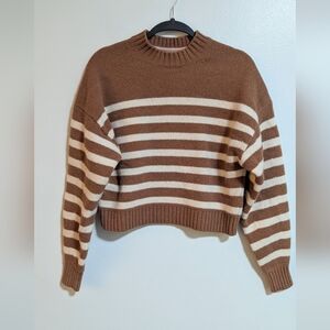Boden 100% Wool Brown White Striped Mock Neck Cropped Sweater Small